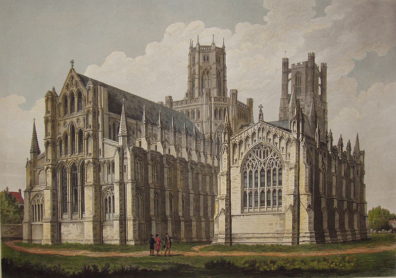 Ely Cathedral, North-East aspect. Proof of Print by John Buckler (1770-1851), via Wikimedia Commons.