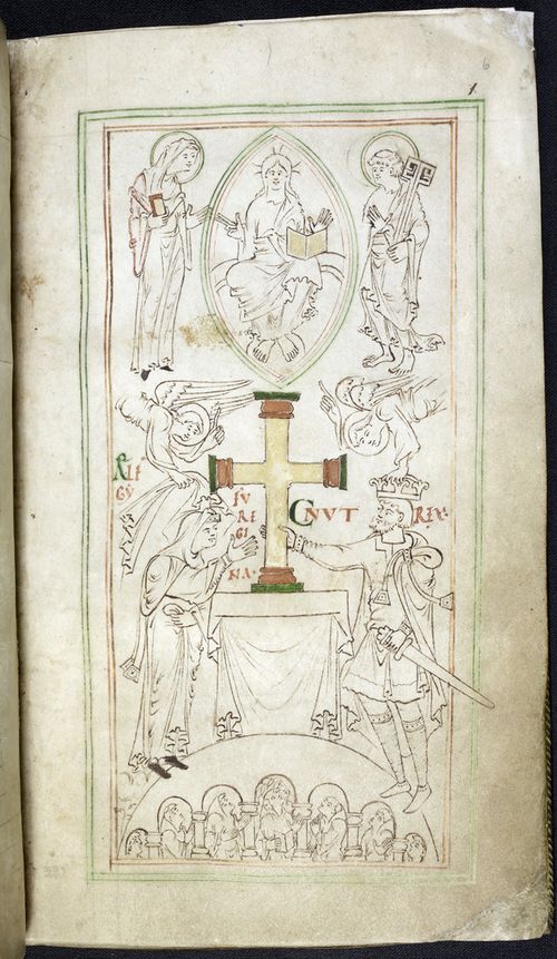 © The British Library Board. Stowe MS 944, folio 6r. Framed frontispiece for the New Minster 'Liber Vitae' of circa 1031, with King Cnut and his Queen Emma/Ælfgifu.