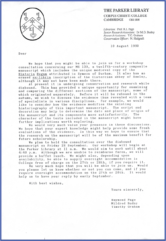 Invitation Letter to 'Corpus Christi College, MS 139' Workshop on 28 September 1990