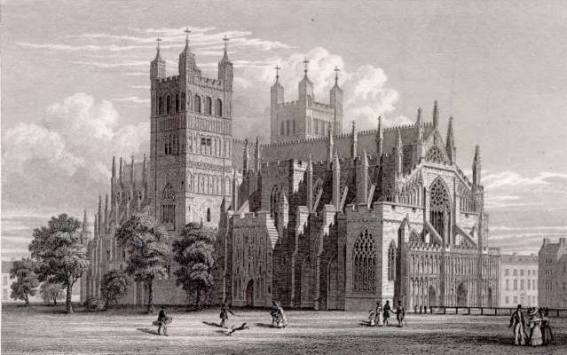 Northwest View of Exeter Cathedral in 1830. Engraving by W. Deeble based on a drawing by R. Browne. Via Wikipedia Commons.