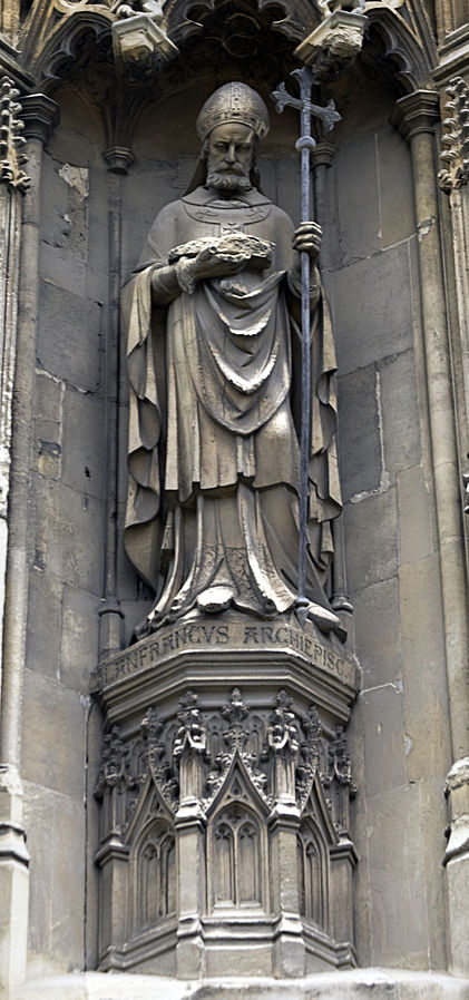 Statue of Lanfranc, Archbishop of Canterbury, from the exterior of Canterbury Cathedral. Photography by Ealdgyth via Creative Commons.