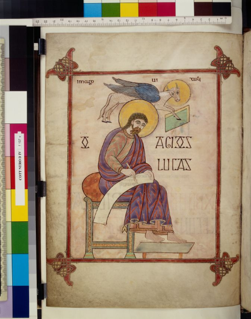 © The British Library Board. Cotton MS Nero D IV, folio 137v. The Lindisfarne Gospels: The Evangelist Luke as Scribe.