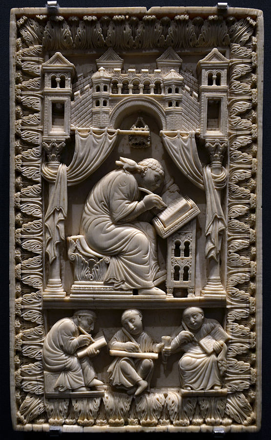 Ivory Plaque with Gregory the Great as Scribe Inspired by the Holy Spirit in the Form of a Dove. Vienna, Kunsthistorisches Museum (Inv. Nr. Kunstkammer, 8399), late 10th century, Lotharingia? Photograph by Vassil via Wikipedia Commons.