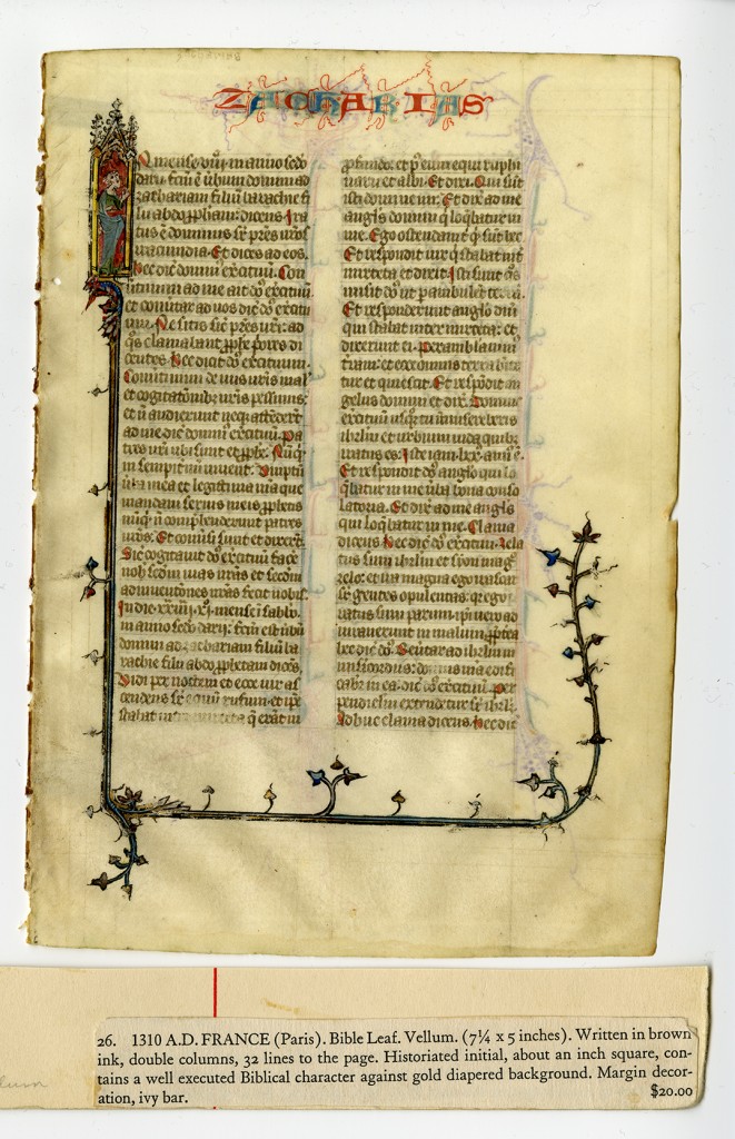 Recto of Leaf Opening the Book of Zachariah, plus Clipping from its Sale Catalogue. Courtesy of Flora Lamson Hewlett Library, Graduate Theological Union, Berkeley, CA. Reproduced by permission.