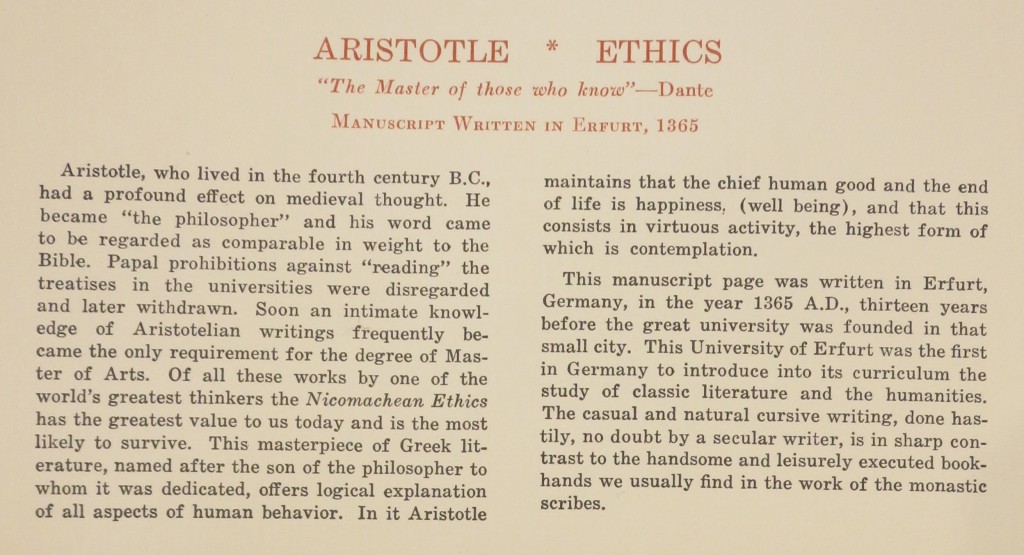 Otto Ege Collection, Rare Book and Manuscript Library, Yale University. Ege's Printed Caption for the Aristotelian 'Ege Manuscript 51'.
