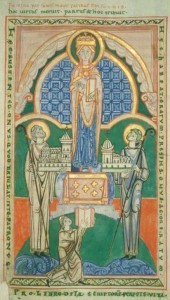 Stephen Harding presents a model of his church to the Virgin Mary. Dijon, Bibliothèque municipale, MS 130, folio 4r. Saint-Vaast d’Arras, circa 1125. Photograph via Wikipedia Commons.
