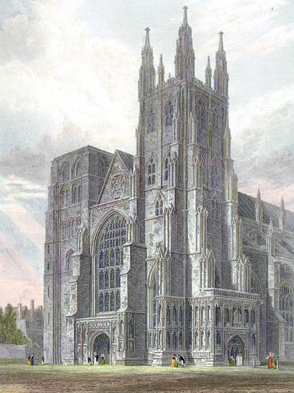 Canterbury Cathedral, view of the Western Towers engraved by J.LeKeux after a picture by G.Cattermole, 1821. Via Wikimedia.