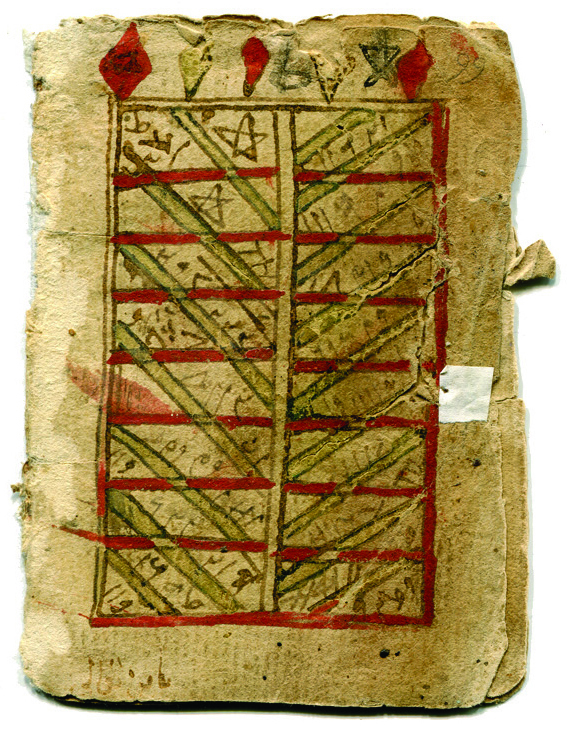 First recto of a fragmentary bifolium in Arabic on paper, from a small manuscript, circa 16th century CE. Text probably occult. See our Gallery of 'Scripts on Parade'.