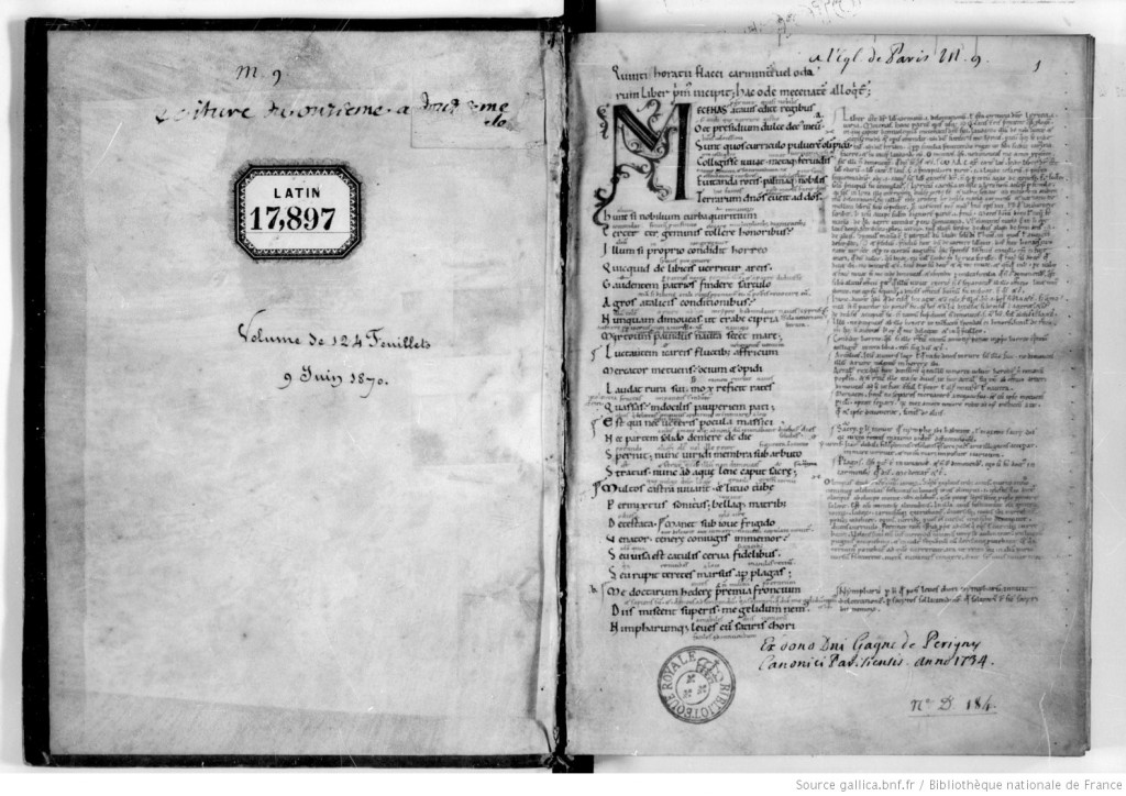 Paris, BnF, MS latin 17987, first opening with front endleaf and folio 1 recto. Ownership marks and first page of Horace's 'Carmina', with commentary. Via gallica.bnf through Creative Commons.