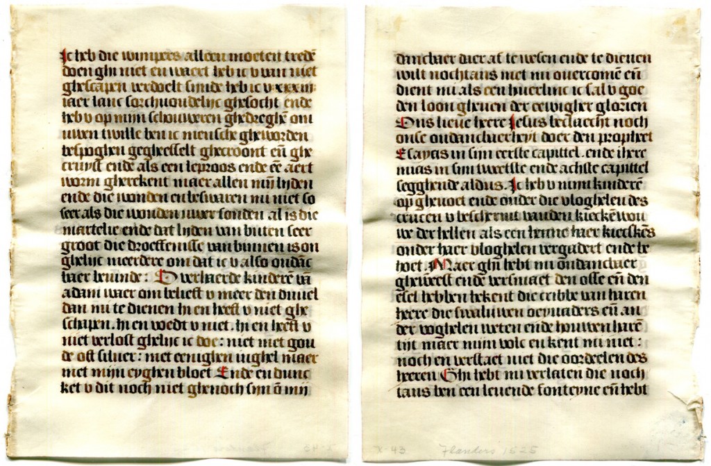 Verso and Recto of a Single Leaf detached from a prayerbook in Dutch made circa 1530 

<p style=