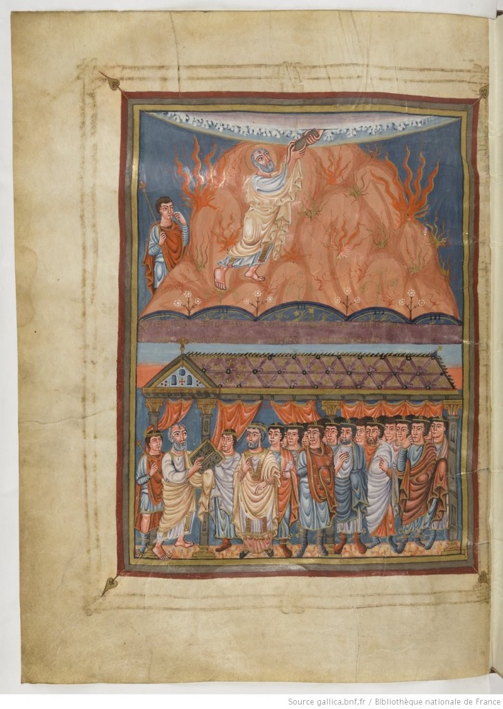 Paris, BnF, MS latin 1, folio 27 verso. Vivien Bible, or First Bible of Charles the Bald: Exodus frontispiece. Via gallica.bnf through Creative Commons.