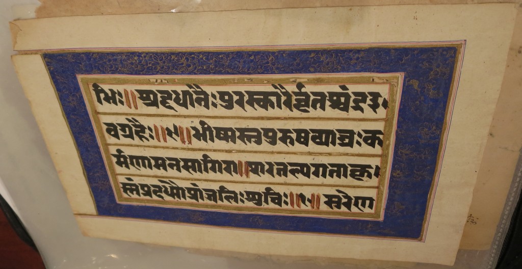 Blue-Bordered Side of the Paper Leaf in Sanskrit, seen from an angle within the transparent archival polypropylene slip-in protector. Image cropped to border of the column of text. Private Collection. Photograph by Mildred Budny.
