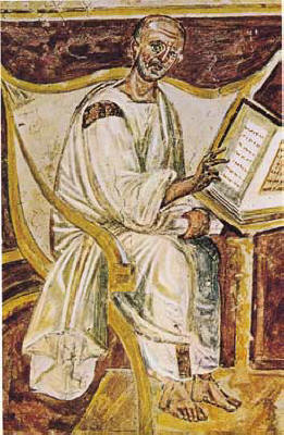 Fictive Portrait of Saint Augustine of Hippo as a Author before his Text. Fresch, 6th Century CE, Rome, Lateran. Image in the public domain via Wikimedia Commons.