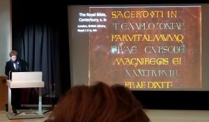 Julia Smith introduces The Royal Bible of Saint Augustine's Anbbey Canterbury in her Plenary Lecture December 2018. Photograph by Mildred Budny