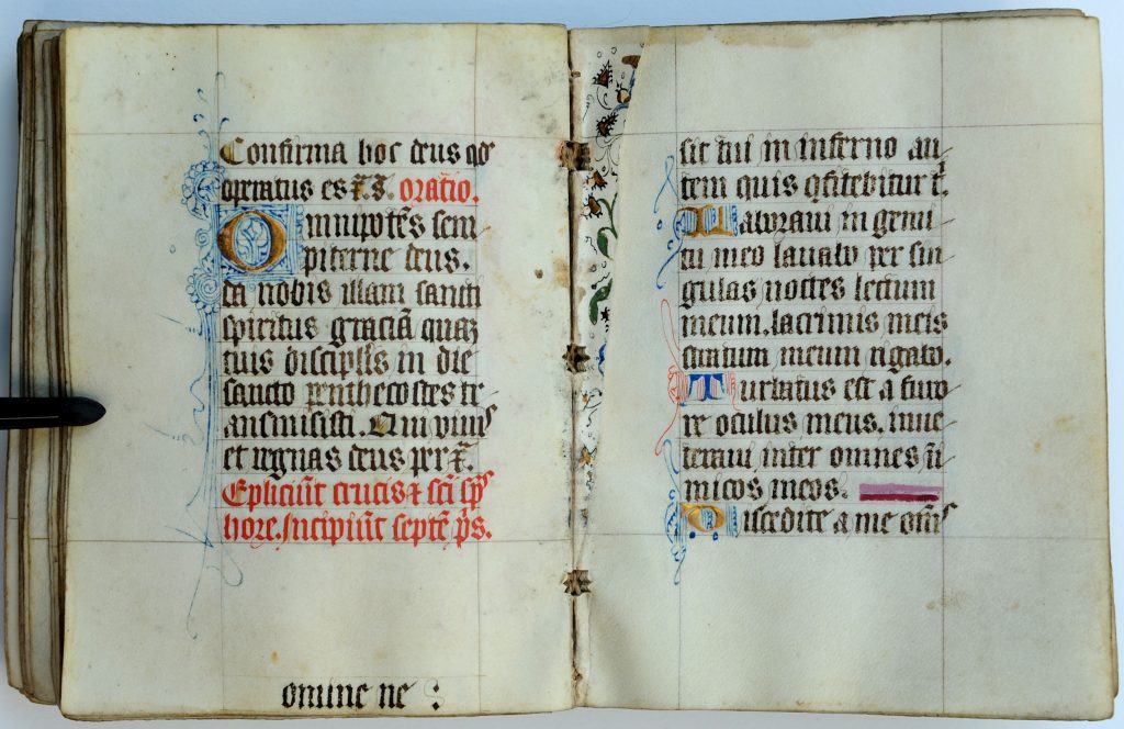 Book of Hours from Northeastern France, opened to the (despoiled) opening of the Seven Penitential Psalms. Private Collection, folios 98 verso and 99 recto, with the intervening stub left over from a decorated leaf. Private collection, reproduced by permission. Photograph by Mildred Budny