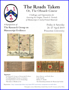 Poster 1 for 2019 Anniversary Symposium, with symposium information with images of manuscript and early printed pages..