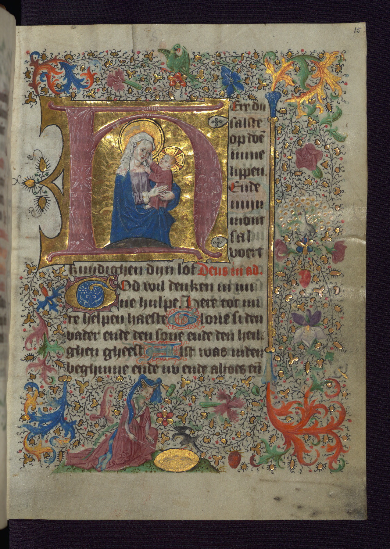 Baltimore, The Walters Art Museum, MS W.782, folio 15r. Van Alphen Hours. Dutch Book of Hours made for a female patron in the mid 15th century. Opening page of the Hours of the Virgin: "Here du salste opdoen mine lippen". Image via Creative Commons. At the bottom of the bordered page, an elegantly dressed woman sits before a shiny bowl- or mirror-like object, in order, perhaps, to perform skrying or to lure a unicorn.
