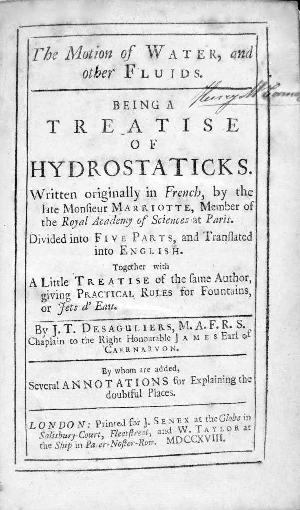 Title-page of first printed English translation of Mariotte's treatise (1718). Collection of Ronald K. Smeltzer.