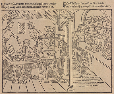 Princeton University Library. "La Grant Danse Macabre" (Lyons, 1499), one of two surviving copies. It contains the earliest depiction of a printing shop, albeit accompanied by animated cadavers.