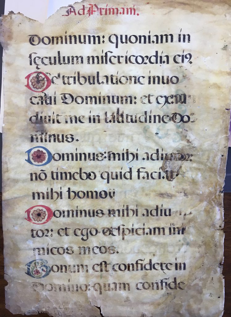 J. S. Wagner Collection. Leaf from from Prime in a Latin manuscript Breviary. Folio 4 Verso, with part of Psalm 117 (118) in the Vulgate Version, set out in verses with decorated initials.
