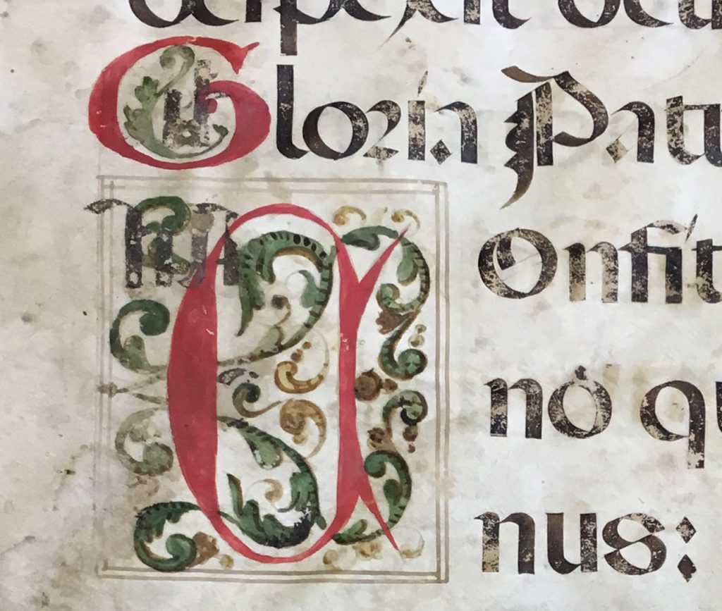 J. S. Wagner Collection. Leaf from from Prime in a Latin manuscript Breviary. Folio 4 Recto, detail. The opening of Psalm 117 (118) in the Vulgate Version. with a framed initial C for Confitimini, decorated wih scrolling foliate ornament.