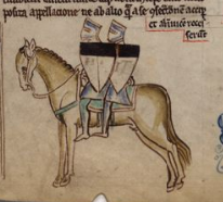 2 Templars on Horseback. Cambridge, Corpus Christi College, MS 26, folio 110r. Via Wikimedia Commons.