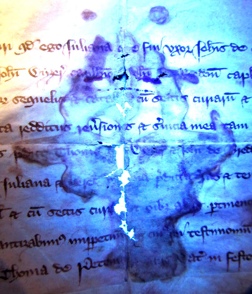 Charter 1: 6 Richard II Charter Face with black-lighting of water damage.