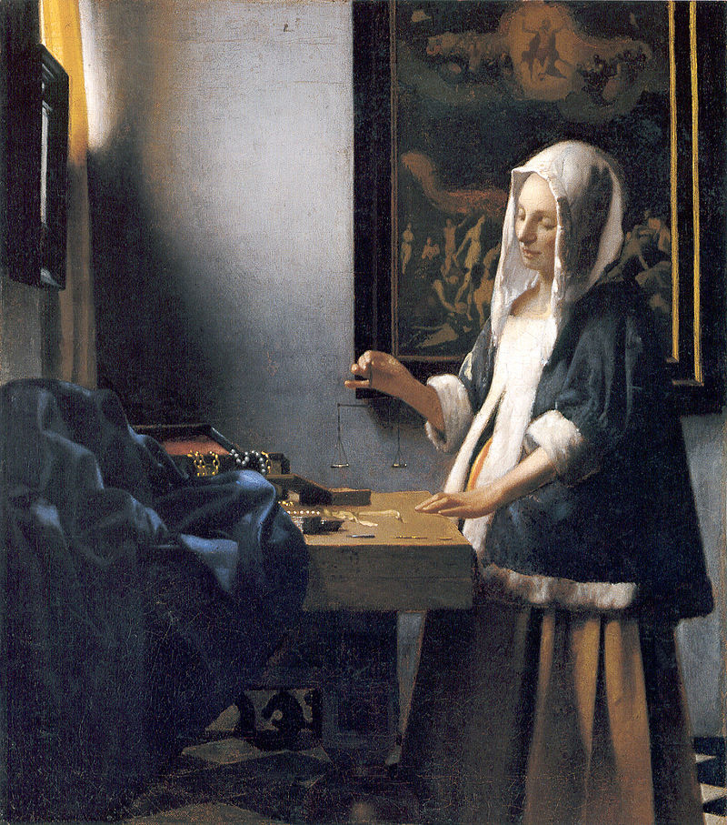 Washington, D. C., National Gallery of Art. Jan Vermeer, "The Pearl Merchant" or "Woman holding a Balance"(circa 1665). Image Public Domain via Wikimedia.
