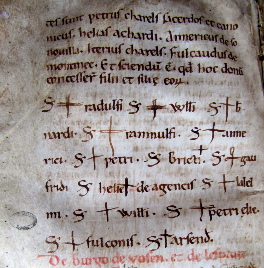 Angoulême, Archives départementales de la Charente G330, fol. 93v. An example of cross-signs made by actors and witnesses in the cartulary of the cathedral church of Angoulême between 1149 and 1159. 