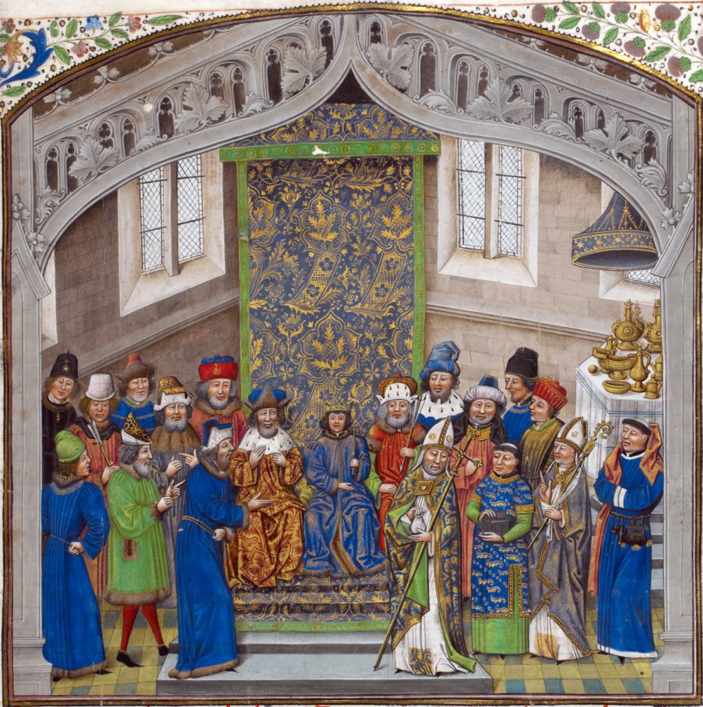 London, British Library, Royal MS 14 E IV, folio 10 recto. "Recueil des croniques" by Jean de Wavrin. Coronation of Richard II at the age of 10 in 1377. 