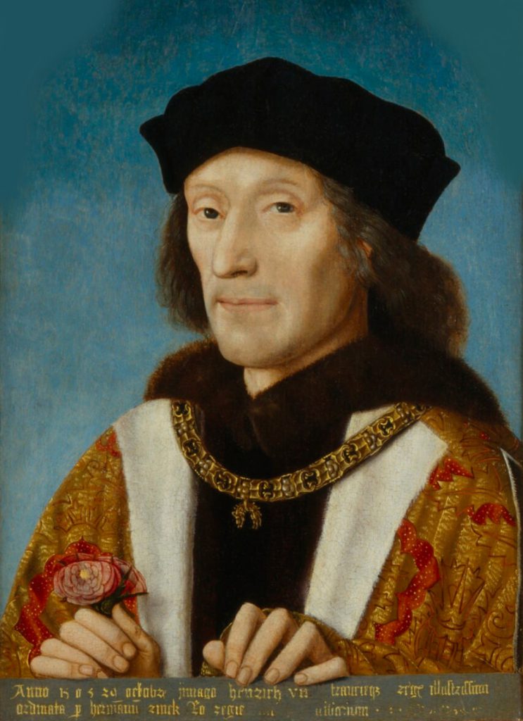 London, National Portrait Gallery, Portrait painted 29 October 1505. Henry VII wearing the Collar of the Order of the Golden Fleece and holding a rose.
