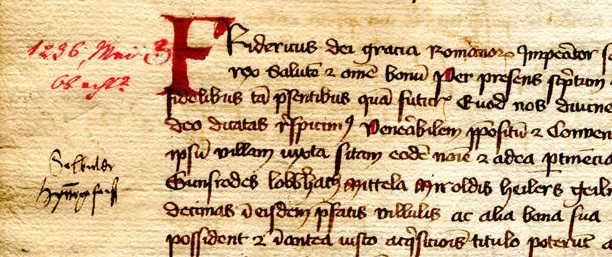 Selbold Cartulary Fragment folio "3" verso upper portion. Text 7: Frederick II, May 1236.