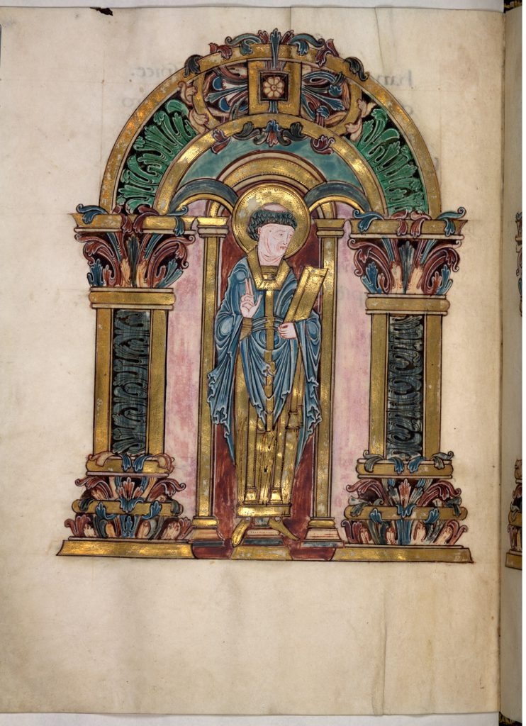 London, The British Library, Add MS 49598, folio 97v. Saint Swithin. Image Public Domain.