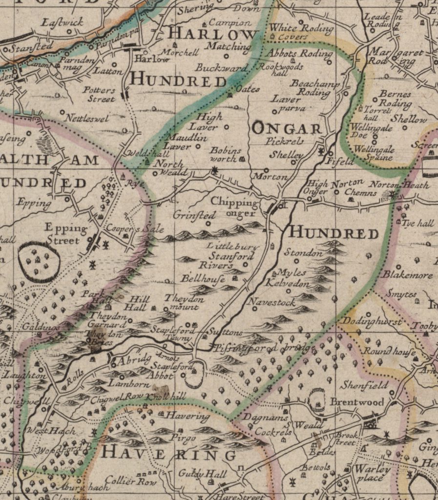 Boston Public Library, Map of "Essex actually surveyed with the several Roads from London, etc." (London [1678]), Detail of Ongar Hundred. Image via Public Domain.