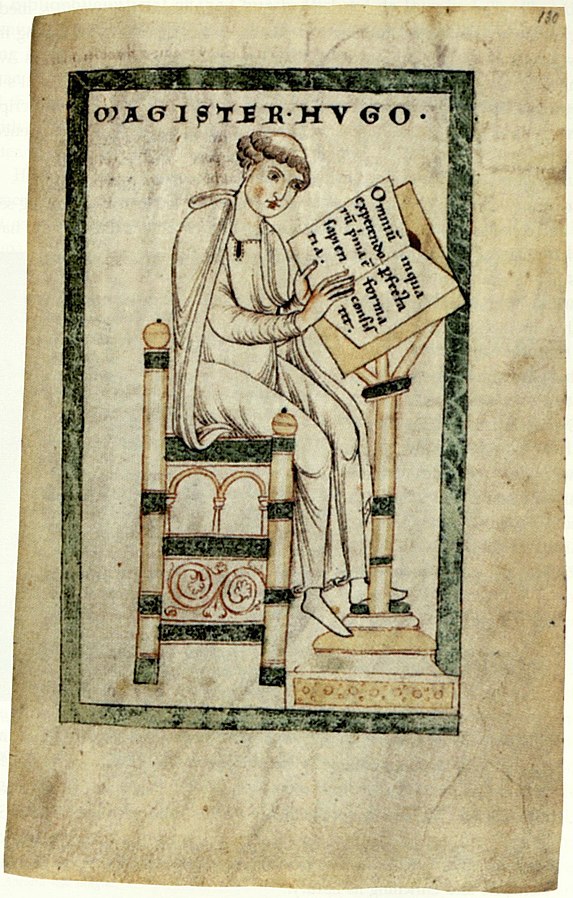 Leiden, Bibliothek der Rijkuniversiteit, MS Vulcanianus 46,folio 130r. Magister Hugo composes his 'Didascalion'. Image Public Domain via Wikimedia Commons