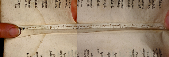 Smeltzer Collection, Henri de Suberville (1598), Vellum Supports Slip 1, Inner Stub, Text 'Rejoined'.