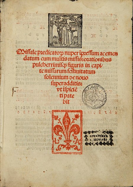 First page of the 'Missale predicatorum' (1504), printed by Lucantonio de Giunta in Venice. Image Public Domain via Wikimedia Commons.