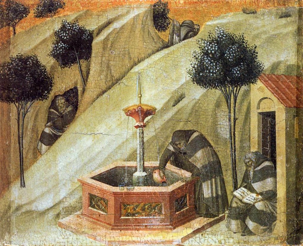 Pietro Lorenzetti, Predella panel. Carmelite Hermits at the Fountain of Elijah (1328-1329). Siena, Pinacoteca Nazionale di Siena. Image Public Domain, via Wikimedia Commons.