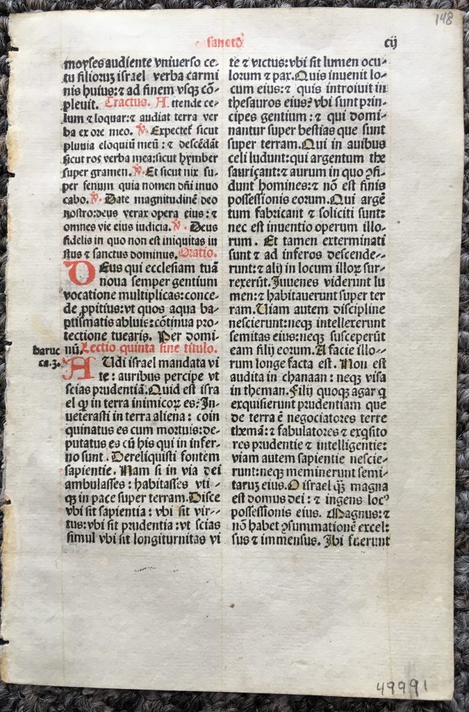 J. S. Wagner Collection, Single Leaf from a Latin Missal containing part of the Mass for Holy Saturday for use in a Carmelite Monastery, printed in 1509 Lucantonio Giunta in Venice. Recto. Reproduced by Permission.