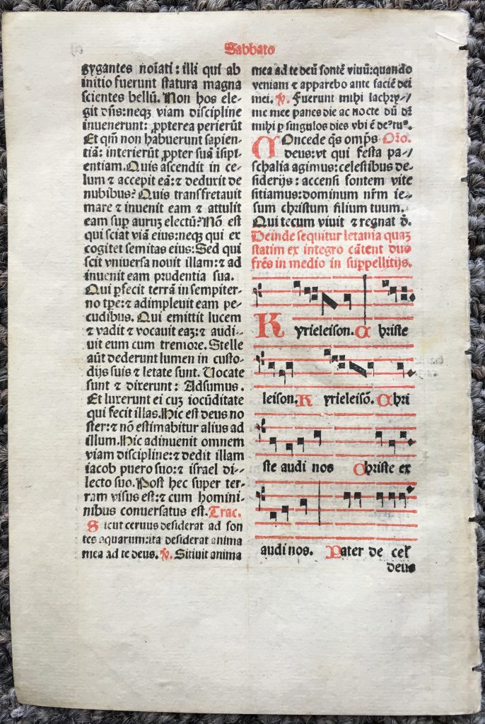 J. S. Wagner Collection, Single Leaf from a Latin Missal containing part of the Mass for Holy Saturday for use in a Carmelite Monastery, printed in 1509 Lucantonio Giunta in Venice. Recto, detail: Top Portion. Reproduced by Permission.