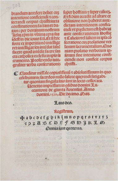 Florence, Biblioteca Nazionale, Missale Romanum printed by Lucantonio Giunta (1521), End Page with Colophon. Image via Creative Commons.