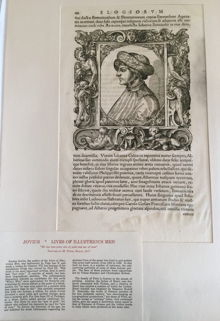Private Collection, Ege's Portfolio of Famous Books in Nine Centuries, Jovius, Illustrious Men (1577) Specimen Front in mat. Reproduced by Permission.
