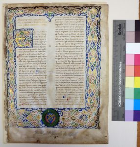 Beinecke Rare Book & Manuscript Library, Otto Ege Collection, FOL Set 3, MS 40, Specimen 1 revealed below the Mat. Photography Mildred Budny.