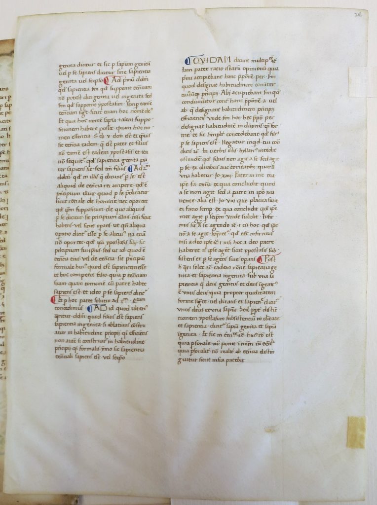 Beinecke Rare Book & Manuscript Library, Otto Ege Collection, FOL Set 3, MS 40, Specimen 2 = folio 216r (turned to the back in Ege's Mount. Photography Mildred Budny.
