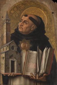 London, National Gallery, Demidoff Altarpiece, Detail: Thomas Aquinas. Panel painting by Carlo Crivelli for the Church of San Dominico at Ascoli Piceno. Image in the Public Domain, via Wikimedia Commons.