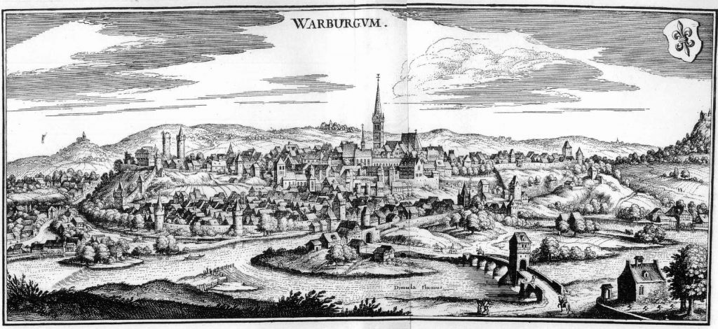 The City of Warburg, in an engraving by Matthäus Merian for the Topographia Westphaliae (= Topographia Germaniae, Volume 8) published 1647. Image Public Domain.