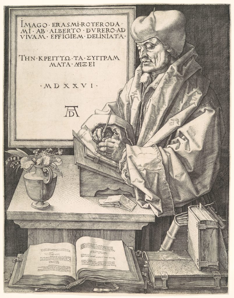 New York, Metropolitan Museum of Art. Albrecht Dürer, Print of copper engraving of "Erasmus of Rotterdam" (1526). Image via Wikimedia and Creative Commons. Books both opened and closed rest on the writing desk and the ledge in the foreground.