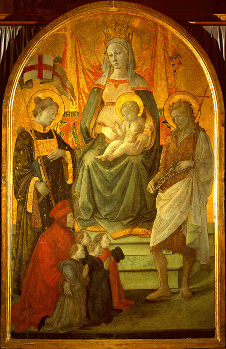 Prato, Civic Museum, Filippo Lippi (circa 1406-1469), Madonna del Ceppo, with Francesco Datini at lower left. Image Public Domain via Wikipedia.