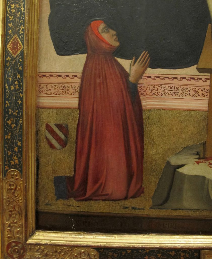 Rome, Musei Capitolini, Niccolò di Pietro Gerini, Painting of the Trinity with Francesco Datini and his wife, circa 1400-1410.  Detail with Datini kneeling in prayer.Image via Creative Commons. 