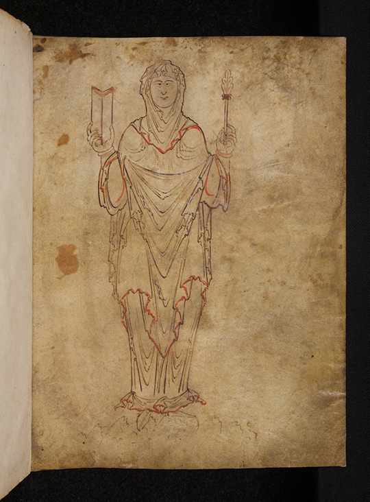 Full-length figure of Philosophy at the front of Boethius' Consolation of Philosophy in a 10th-Century Anglo-Saxon copy.